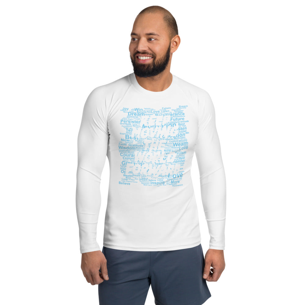 Word Clouds To Keep Moving The World Forward Through Blue Word Sky on Men's Rash Guard