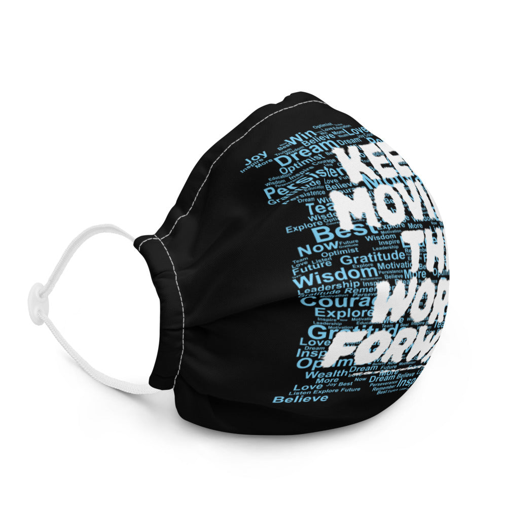 Word Clouds To Keep Moving The World Forward Through Black And Blue on Premium Face Mask