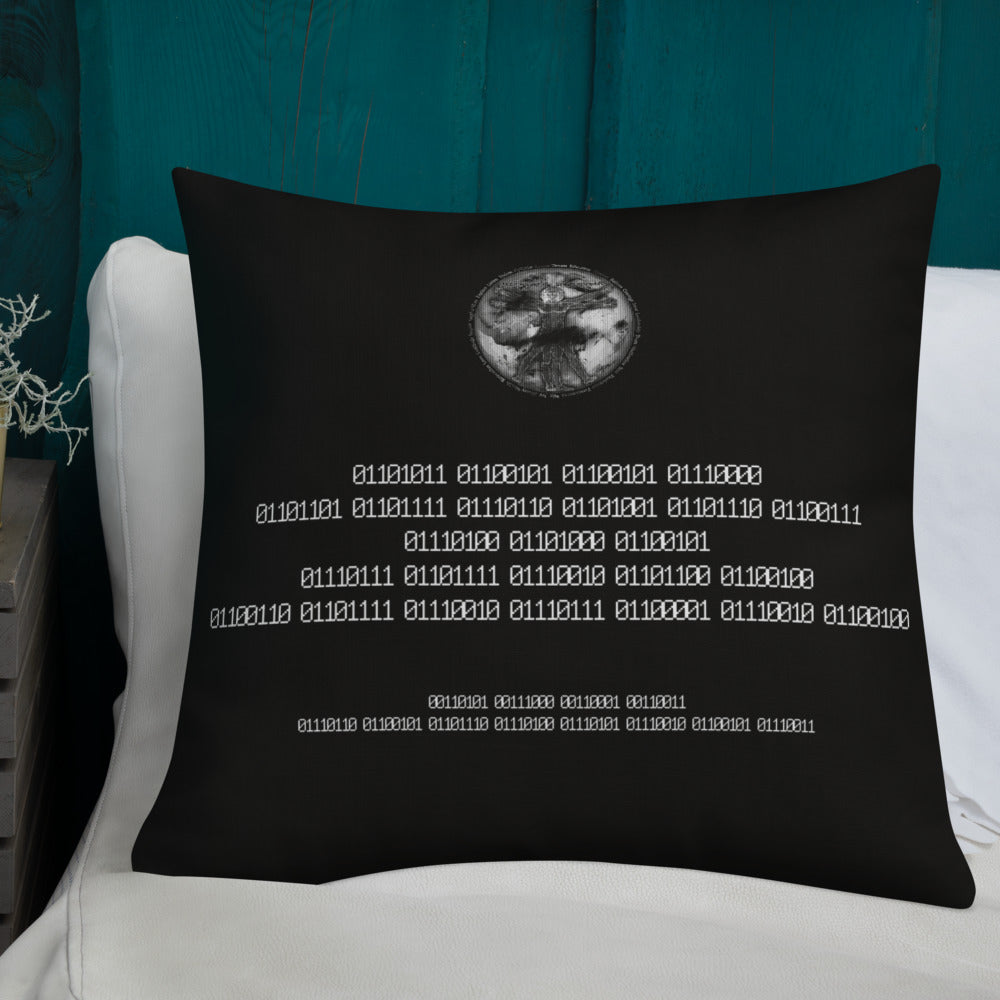 Binary Instructions To Keep Moving The World Forward With Vitruvian Earth In White on Premium Pillow