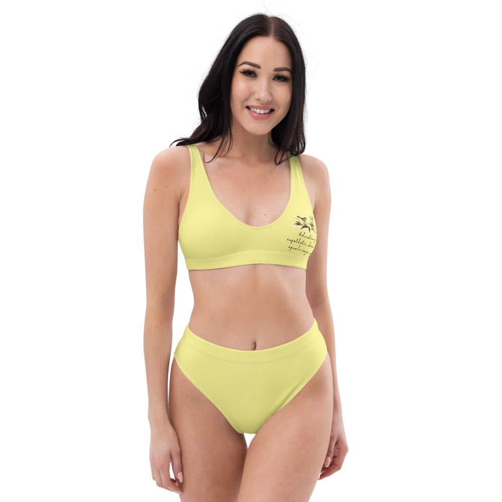 Sage Wisdom Haiku With Sparrow on High-Waisted Bikini Swimsuit