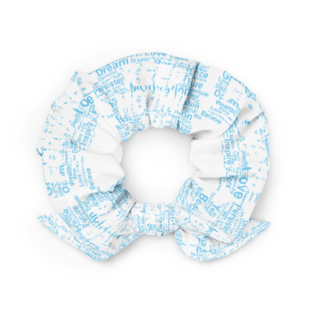 Word Clouds To Keep Moving The World Forward Through Blue Word Sky on Scrunchie