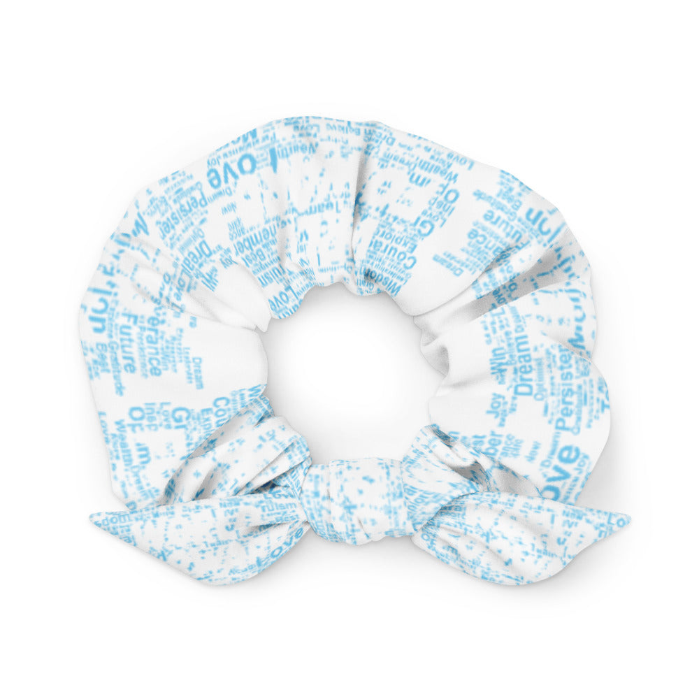 Word Clouds To Keep Moving The World Forward Through Blue Word Sky on Scrunchie