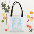 Word Clouds To Keep Moving The World Forward Through Blue Word Sky on Tote Bag