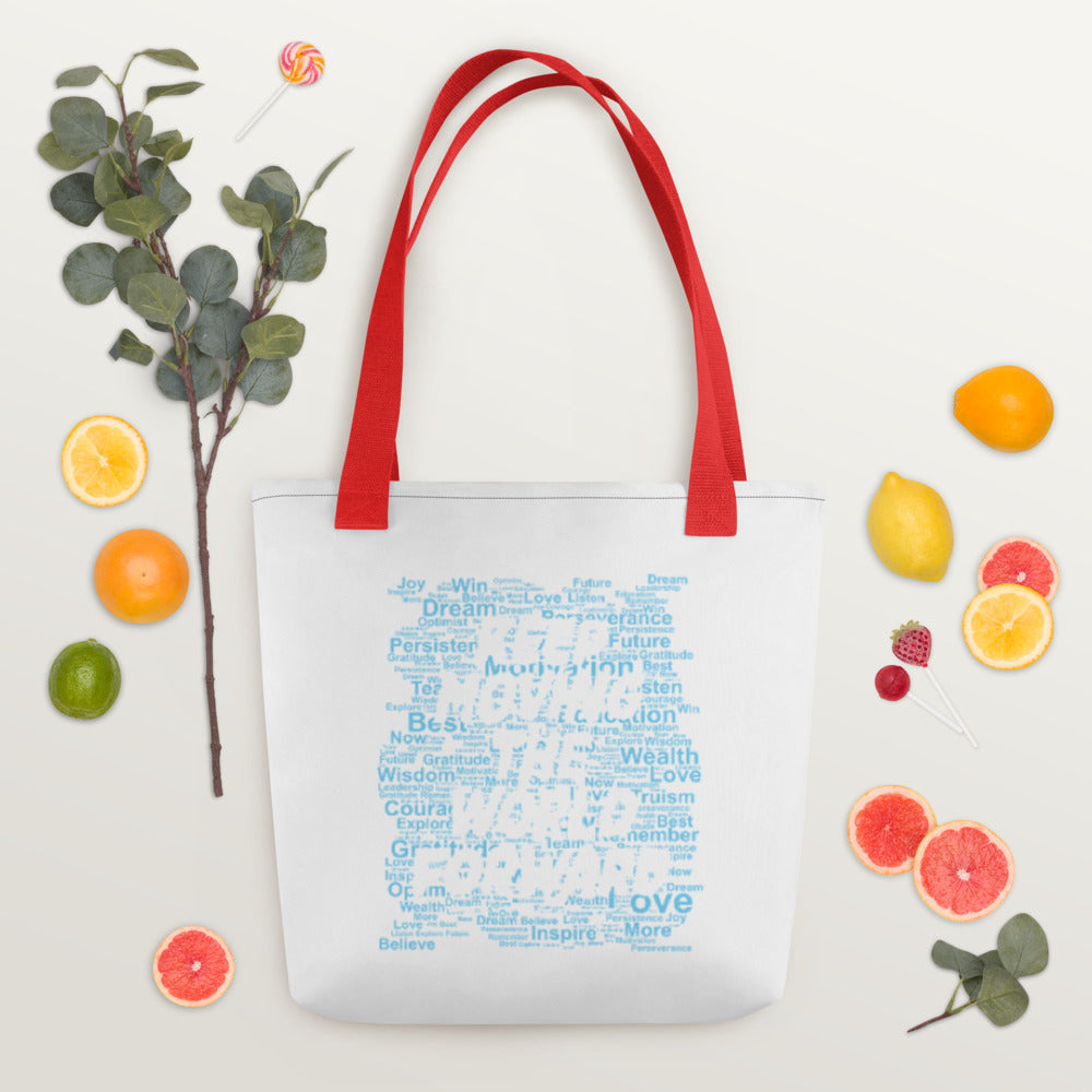 Word Clouds To Keep Moving The World Forward Through Blue Word Sky on Tote Bag