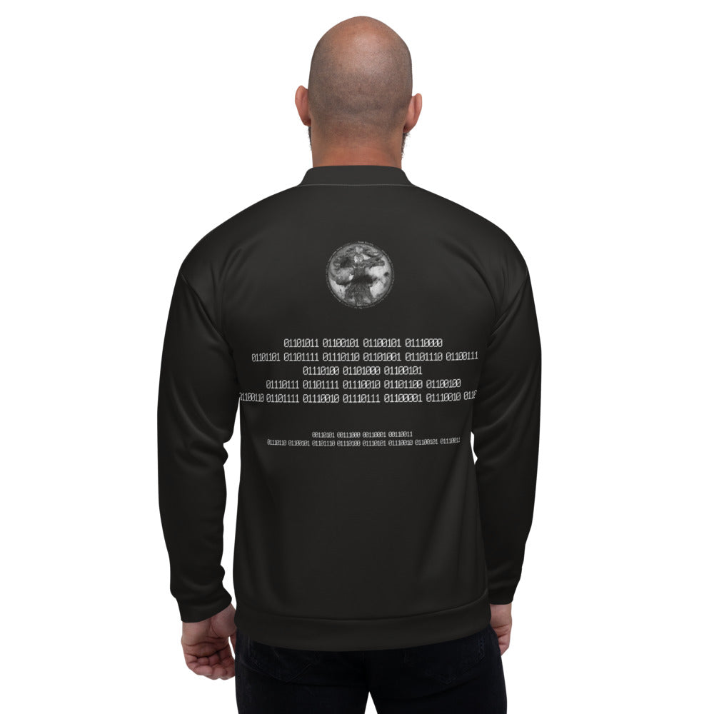 Binary Instructions To Keep Moving The World Forward With Vitruvian Earth In White on Bomber Jacket