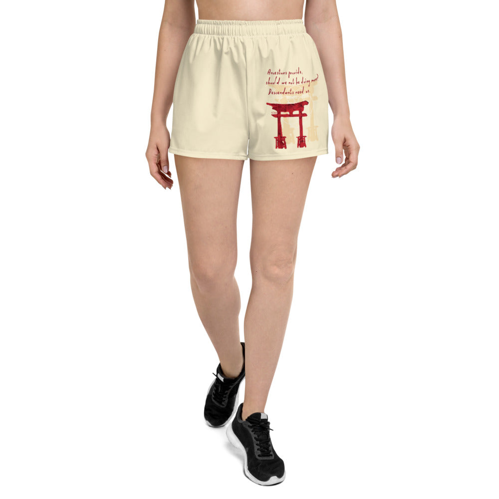 Descendants Need Ancestors Haiku With Pagoda on Women's Athletic Short Shorts