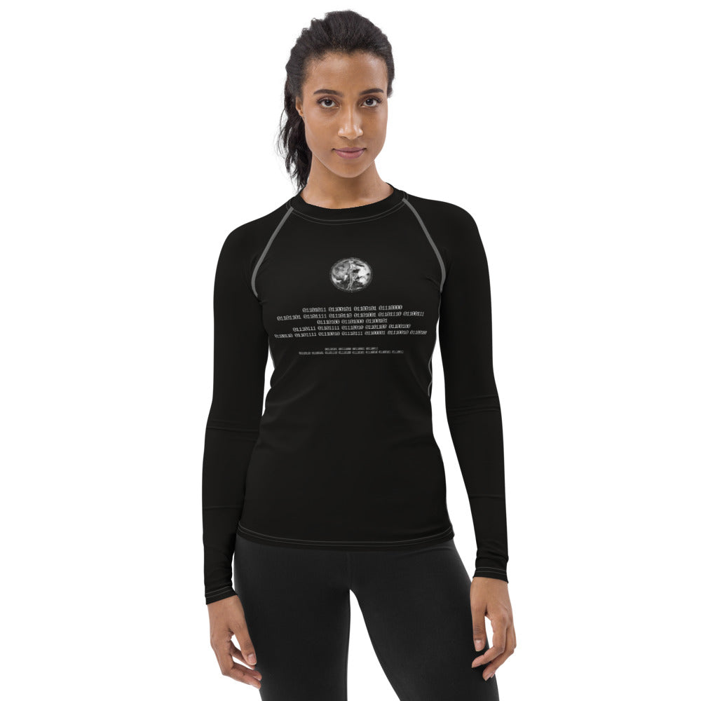 Binary Instructions To Keep Moving The World Forward With Venusian Earth In White on Women's Rash Guard