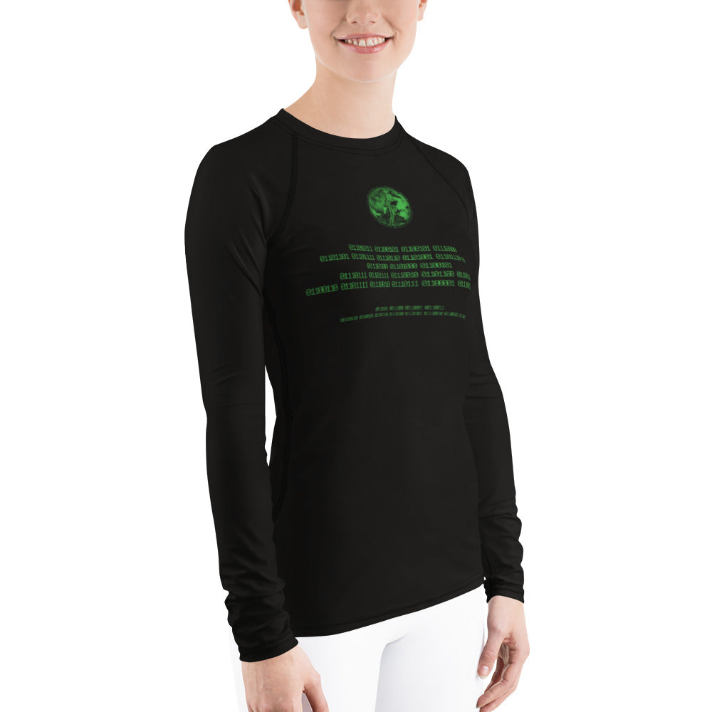 Binary Instructions To Keep Moving The World Forward With Venusian Earth In Green on Women's Rash Guard