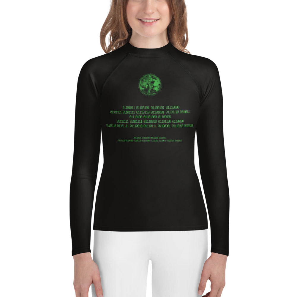 Binary Instructions To Keep Moving The World Forward With Venusian Earth In Green on Youth Rash Guard