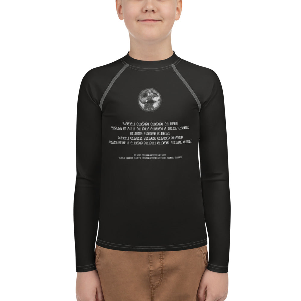 Binary Instructions To Keep Moving The World Forward With Vitruvian Earth In White on Youth Rash Guard