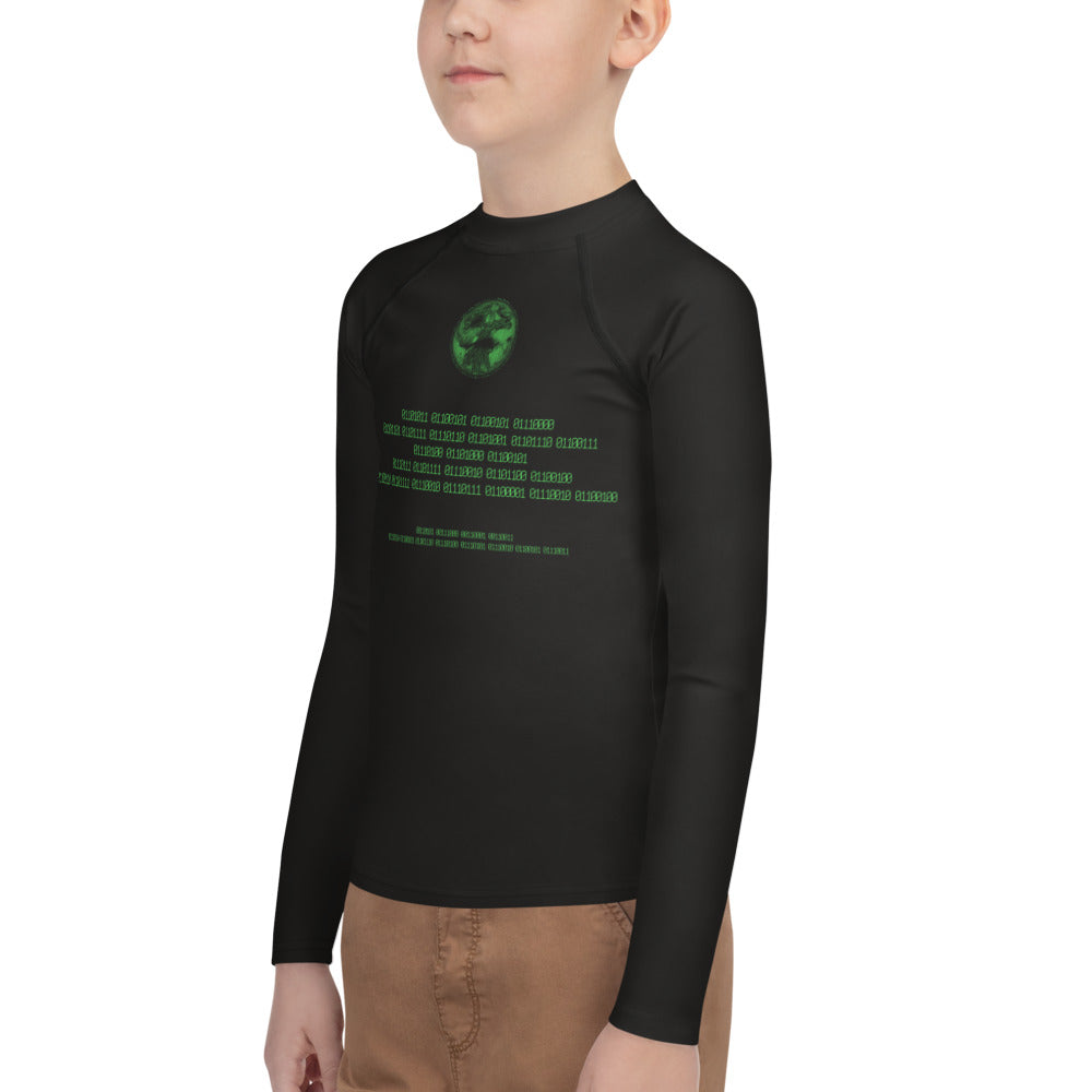 Binary Instructions To Keep Moving The World Forward With Vitruvian Earth In Green on Youth Rash Guard