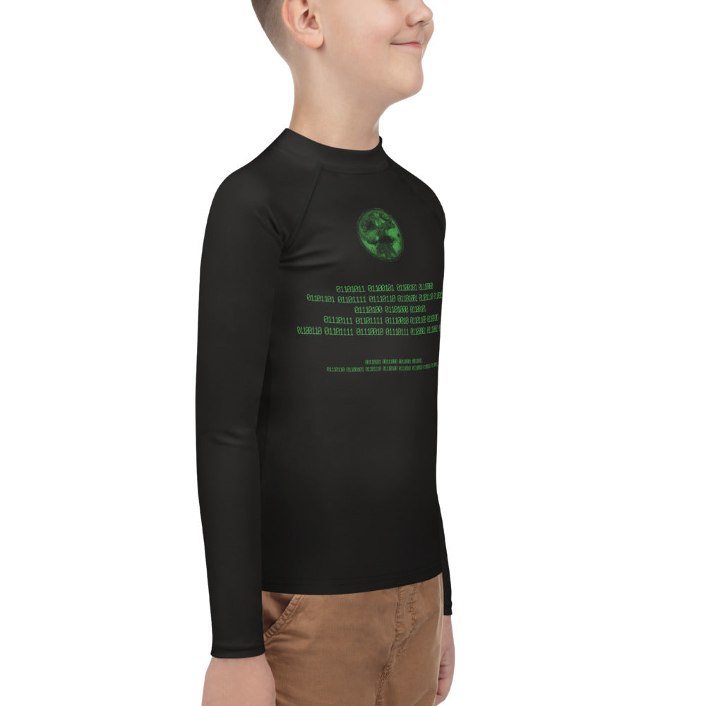 Binary Instructions To Keep Moving The World Forward With Vitruvian Earth In Green on Youth Rash Guard