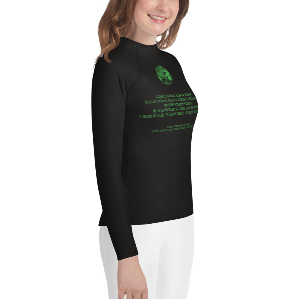 Binary Instructions To Keep Moving The World Forward With Venusian Earth In Green on Youth Rash Guard