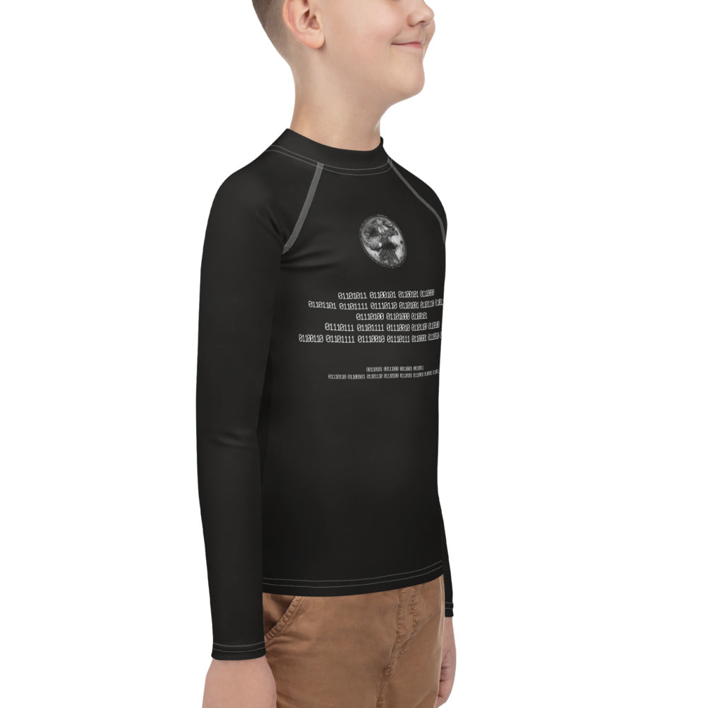 Binary Instructions To Keep Moving The World Forward With Vitruvian Earth In White on Youth Rash Guard