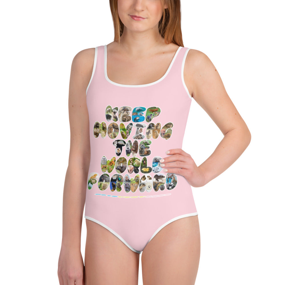 Baby Animals Keep Moving The World Forward In Pink on Youth One-Piece Swimsuit