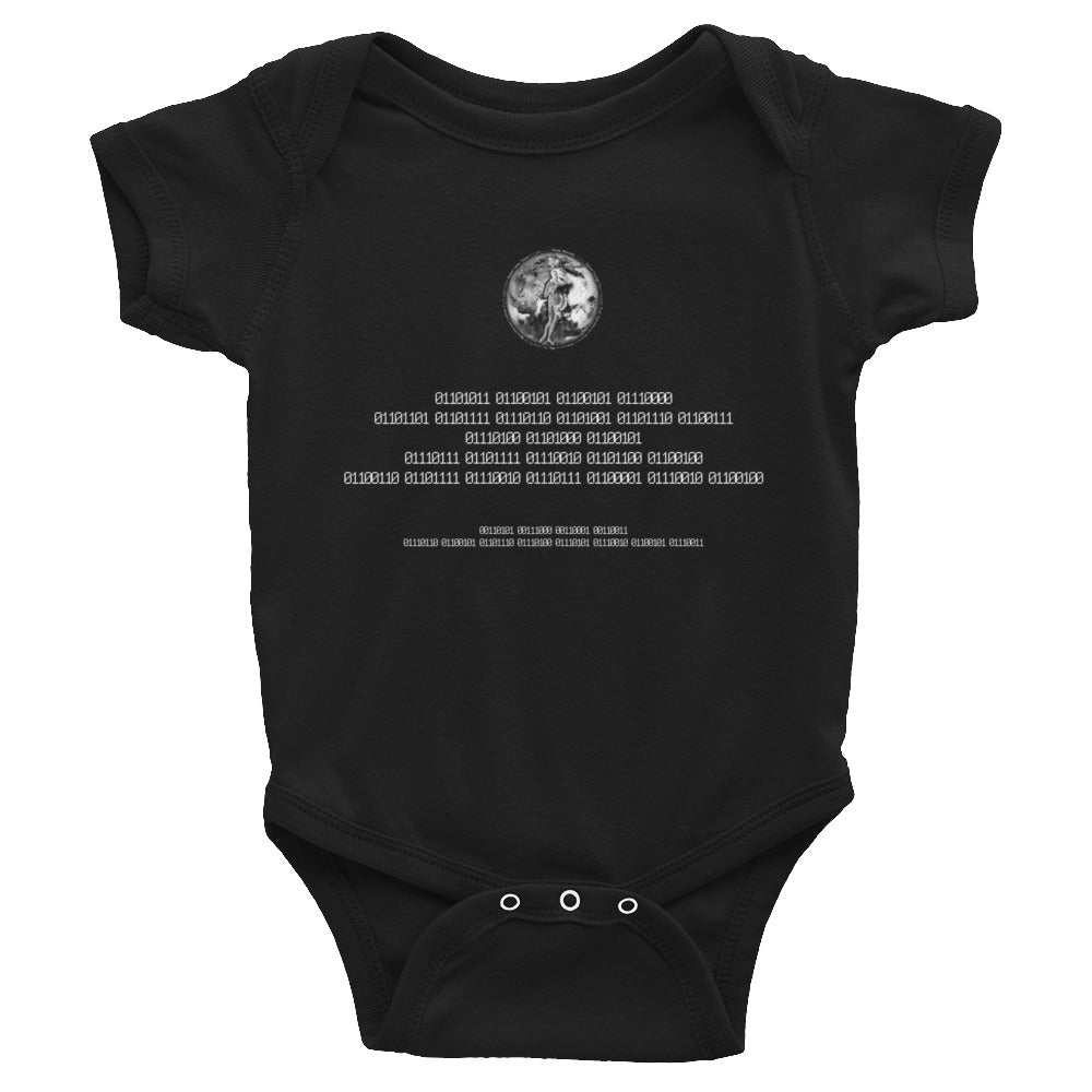 Binary Instructions To Keep Moving The World Forward With Venusian Earth In White on Baby Short Sleeve Bodysuit