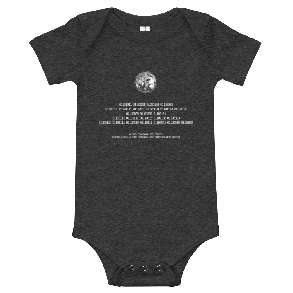 Binary Instructions To Keep Moving The World Forward With Venusian Earth In White on Baby Short Sleeve Onesie