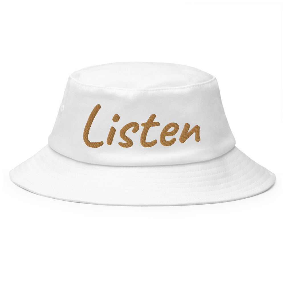 Listen In Copper Embroidery on Old School Bucket Hat