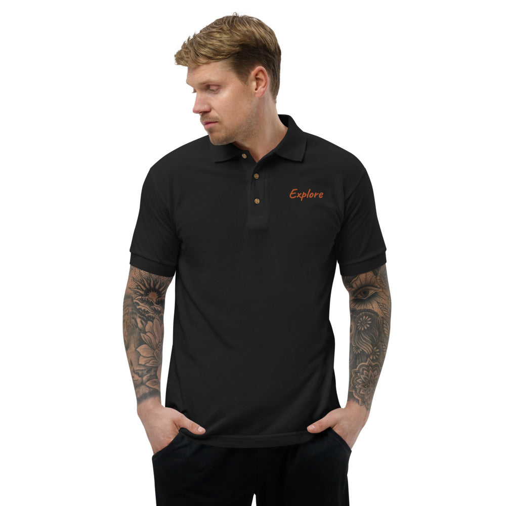 Explore In Amber Embroidery on Men's Polo Shirt