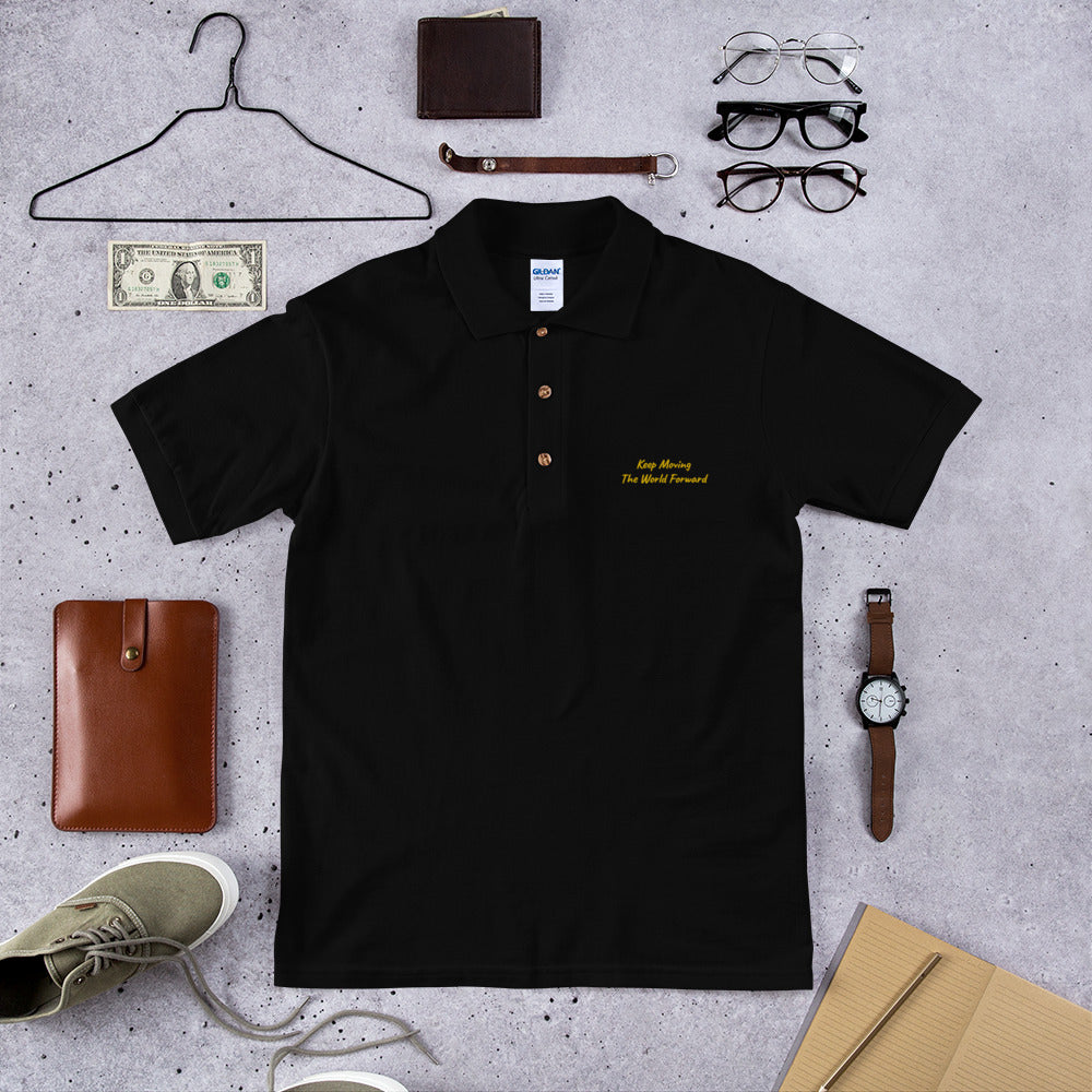 Keep Moving The World Forward In Gold Embroidery on Men's Polo Shirt