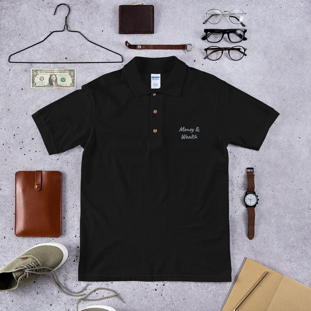 Money & Wealth In Silver Embroidery on Men's Polo Shirt