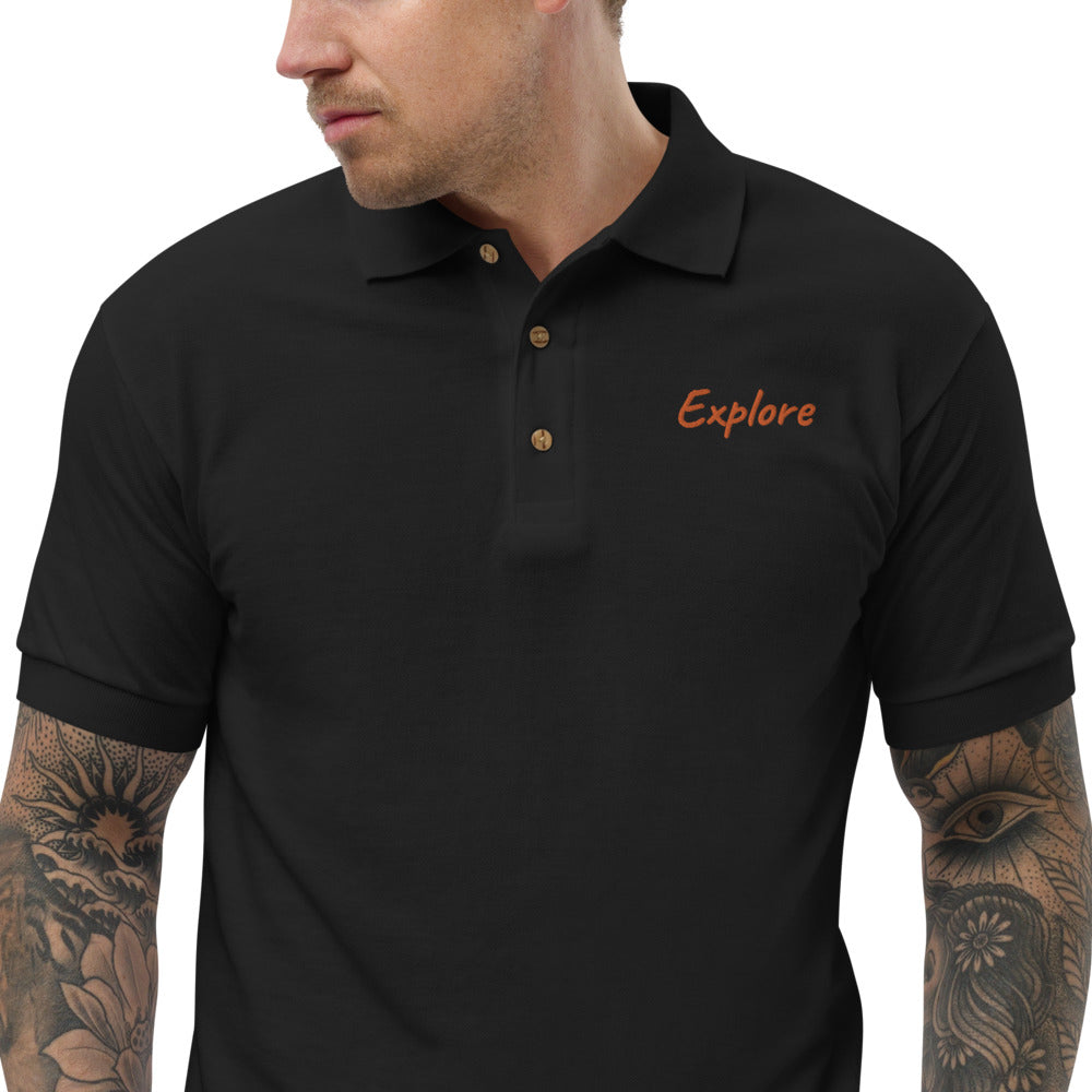 Explore In Amber Embroidery on Men's Polo Shirt