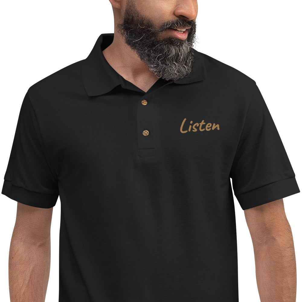 Listen In Copper Embroidery on Men's Polo Shirt