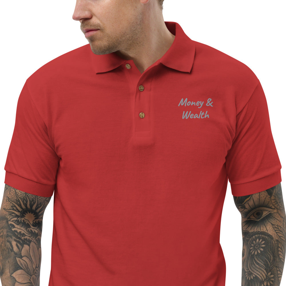 Money & Wealth In Silver Embroidery on Men's Polo Shirt