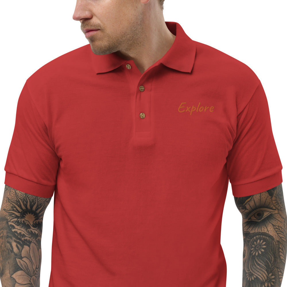 Explore In Amber Embroidery on Men's Polo Shirt