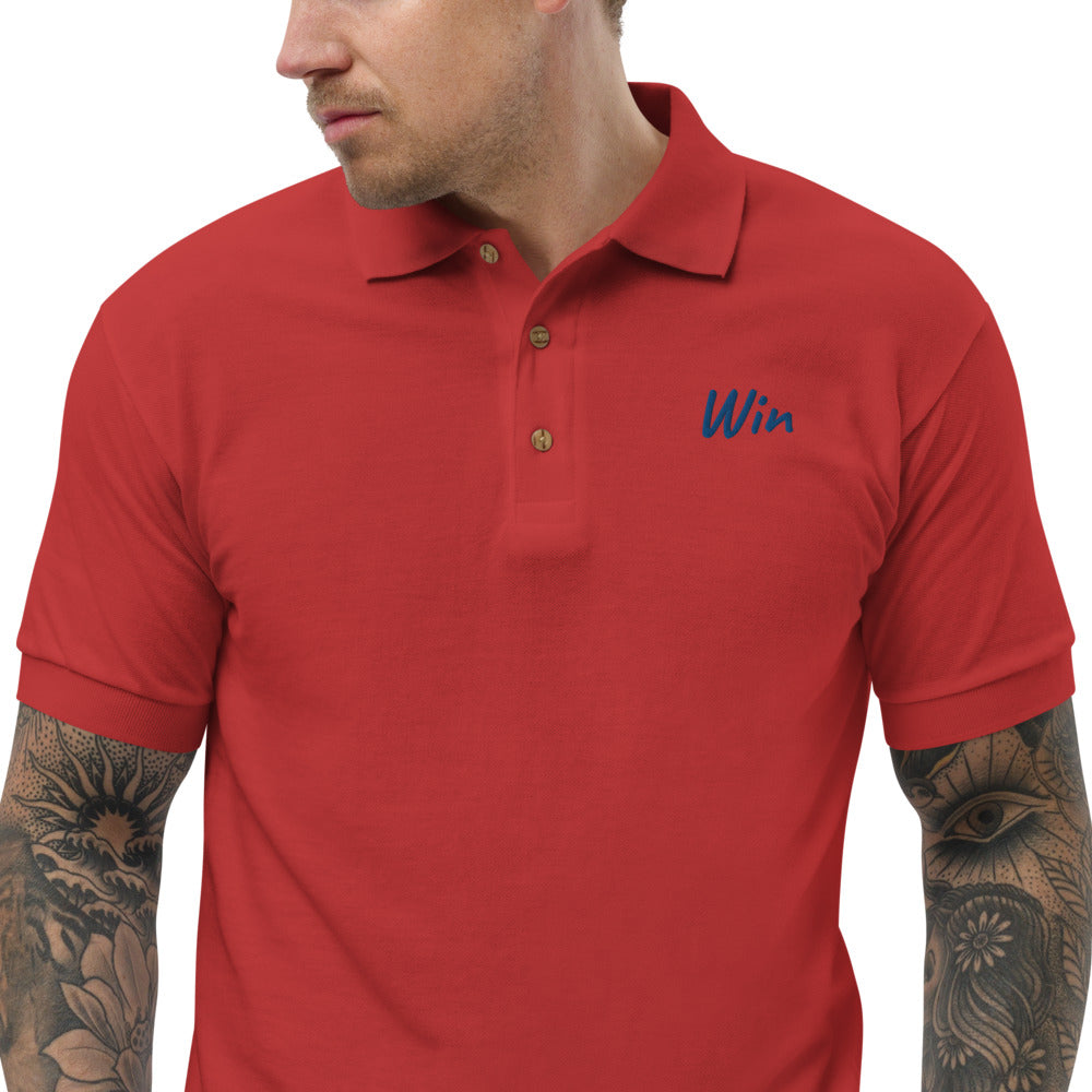 Win In Sapphire Embroidery on Men's Polo Shirt