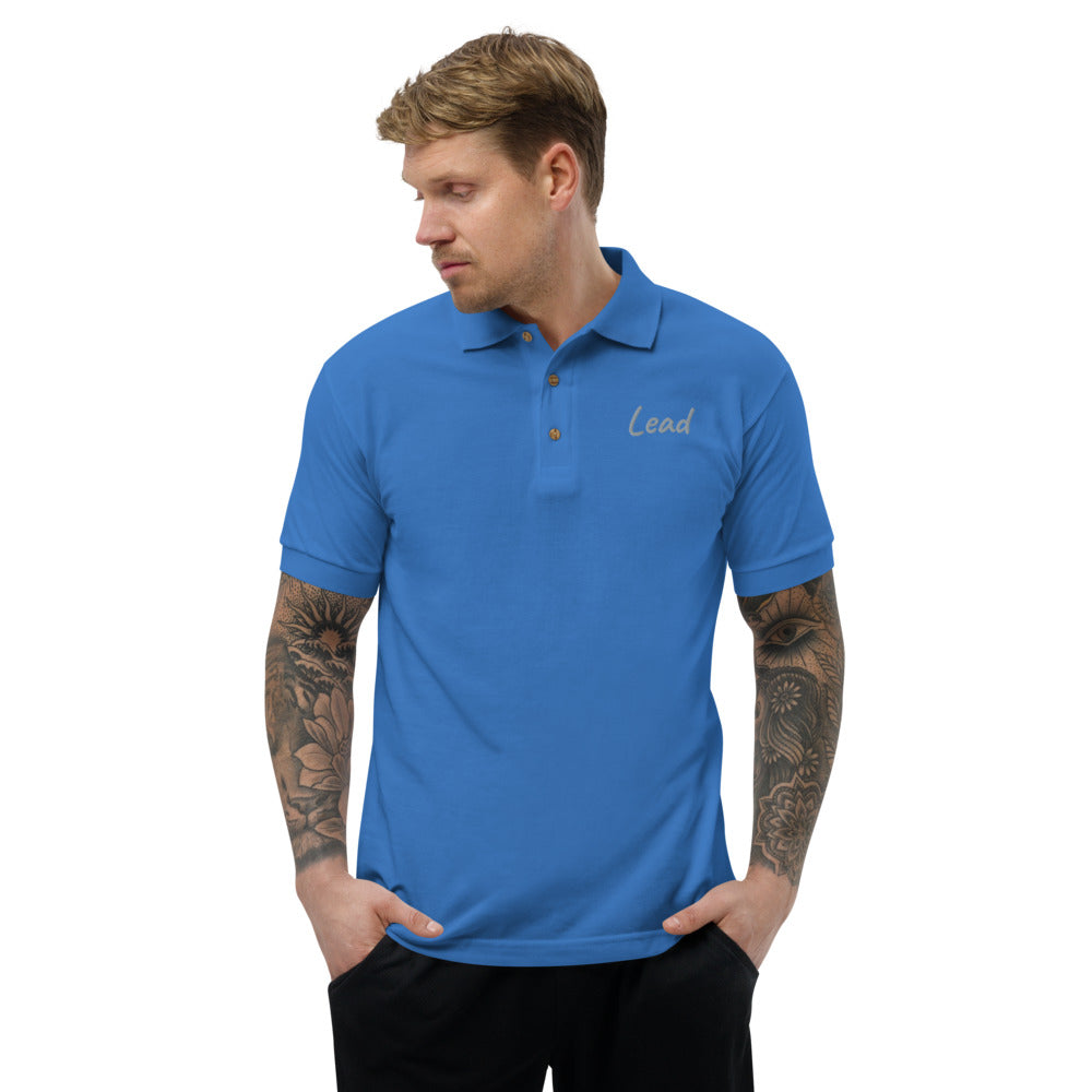 Lead In Silver Embroidery on Men's Polo Shirt