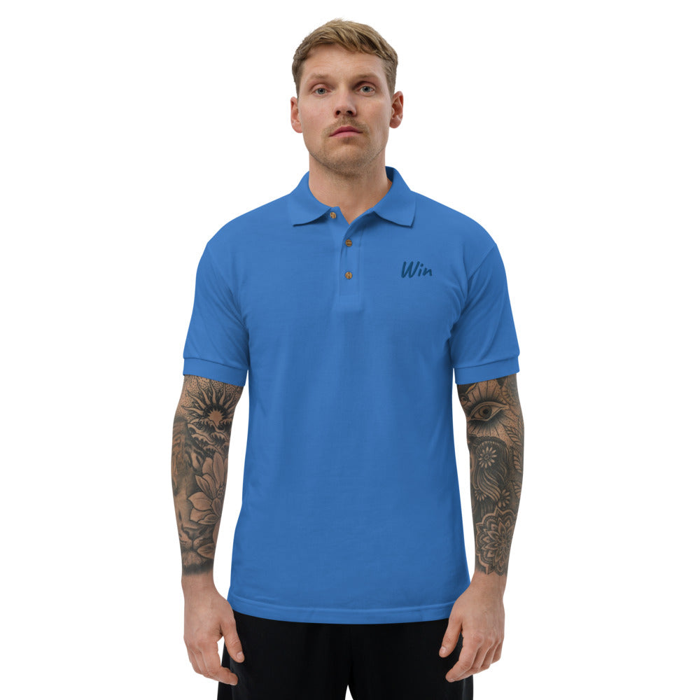 Win In Sapphire Embroidery on Men's Polo Shirt