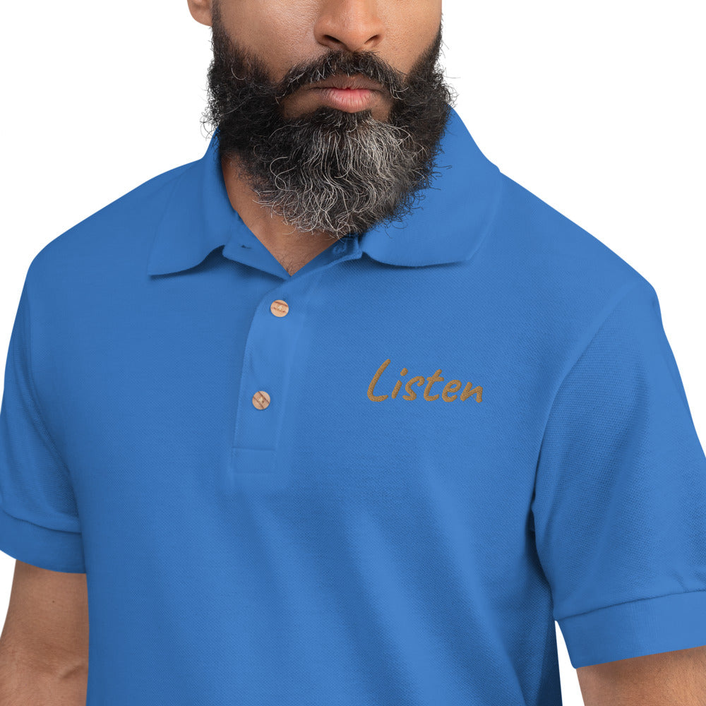 Listen In Copper Embroidery on Men's Polo Shirt