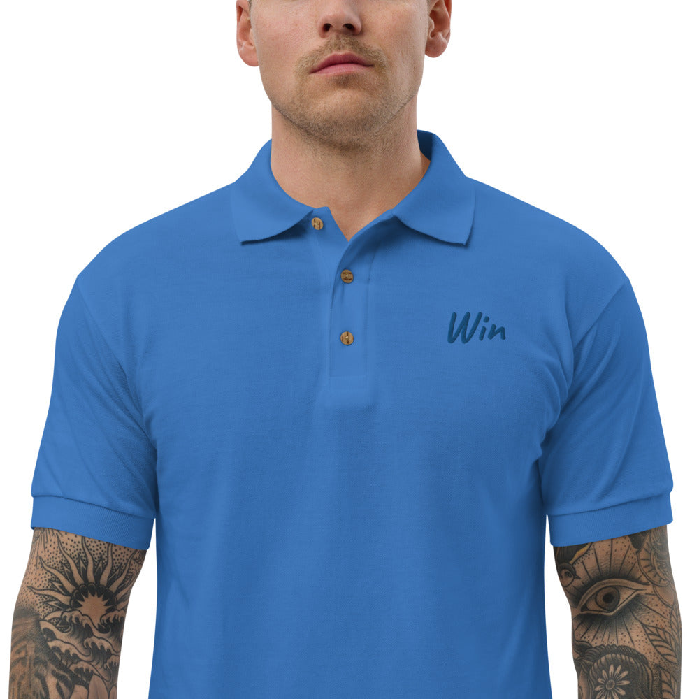 Win In Sapphire Embroidery on Men's Polo Shirt