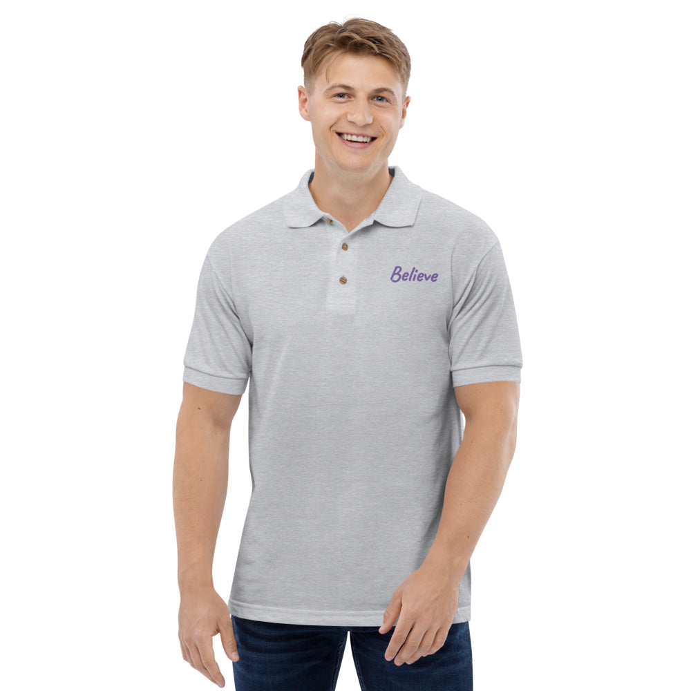 Believe In Amethyst Embroidery on Men's Polo Shirt