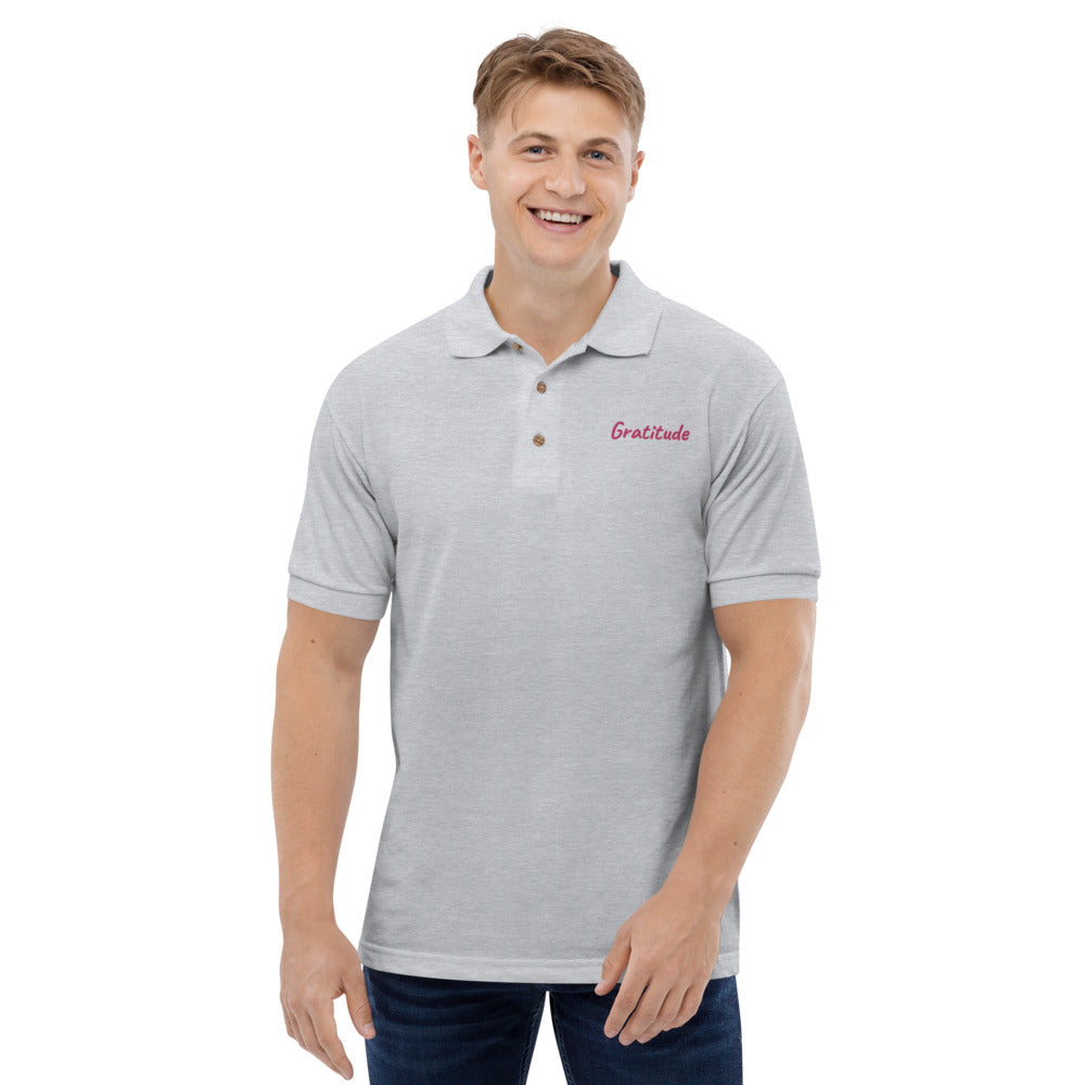 Gratitude In Star Rose Quartz Embroidery on Men's Polo Shirt