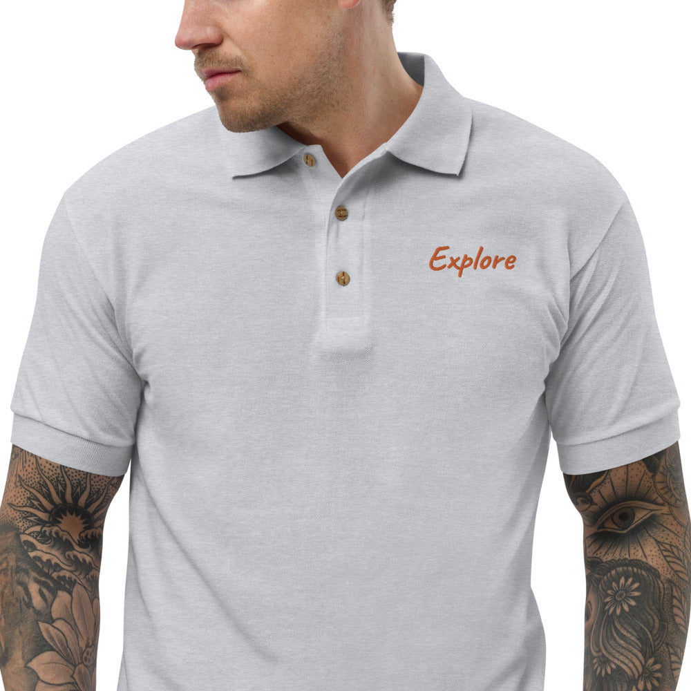 Explore In Amber Embroidery on Men's Polo Shirt