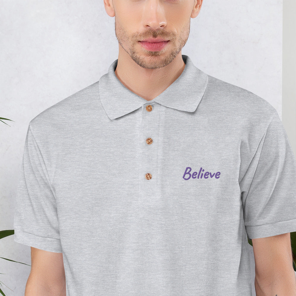 Believe In Amethyst Embroidery on Men's Polo Shirt