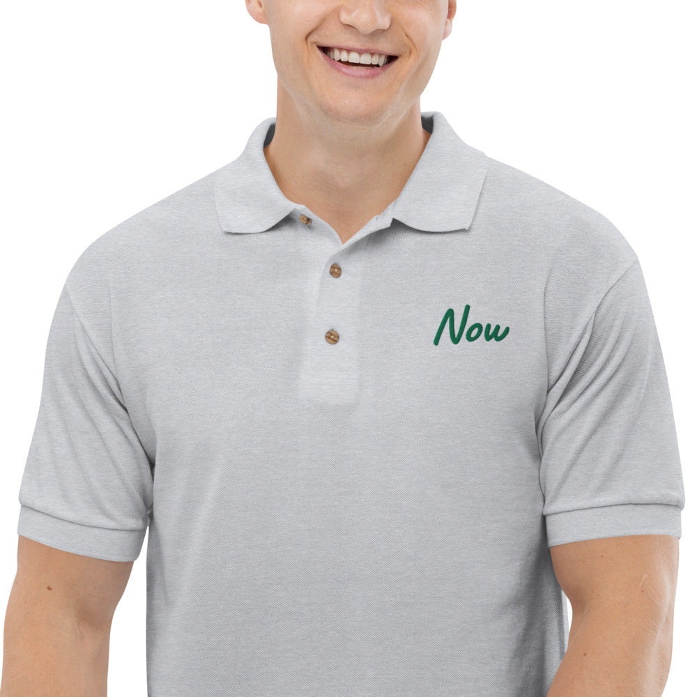 Now In Emerald Embroidery on Men's Polo Shirt