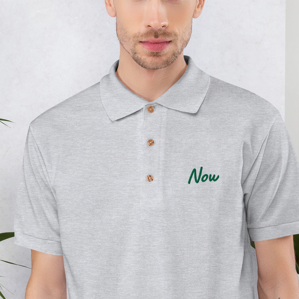 Now In Emerald Embroidery on Men's Polo Shirt