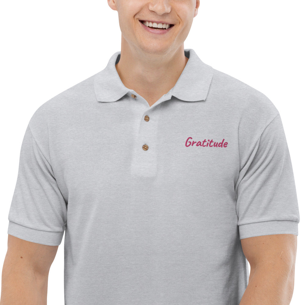 Gratitude In Star Rose Quartz Embroidery on Men's Polo Shirt