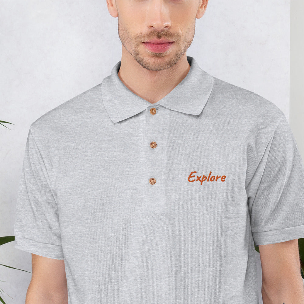 Explore In Amber Embroidery on Men's Polo Shirt