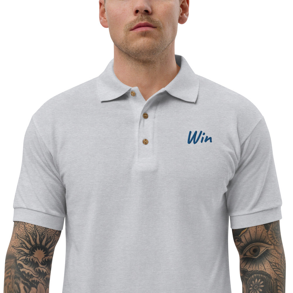 Win In Sapphire Embroidery on Men's Polo Shirt