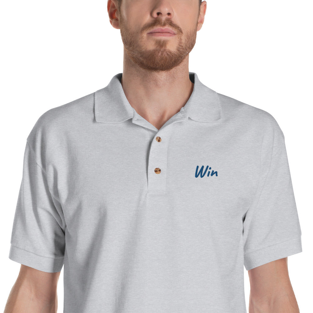 Win In Sapphire Embroidery on Men's Polo Shirt