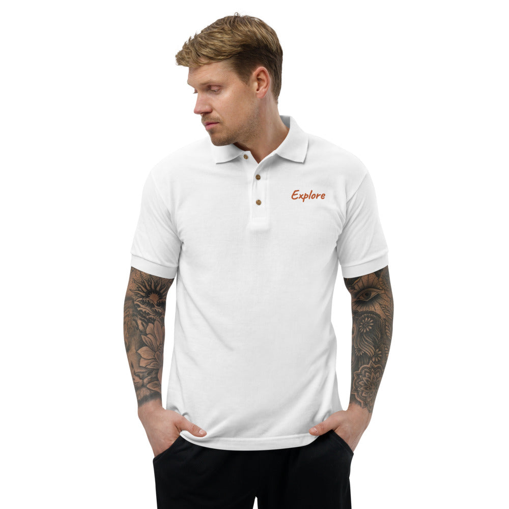 Explore In Amber Embroidery on Men's Polo Shirt