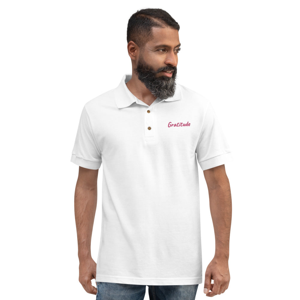 Gratitude In Star Rose Quartz Embroidery on Men's Polo Shirt