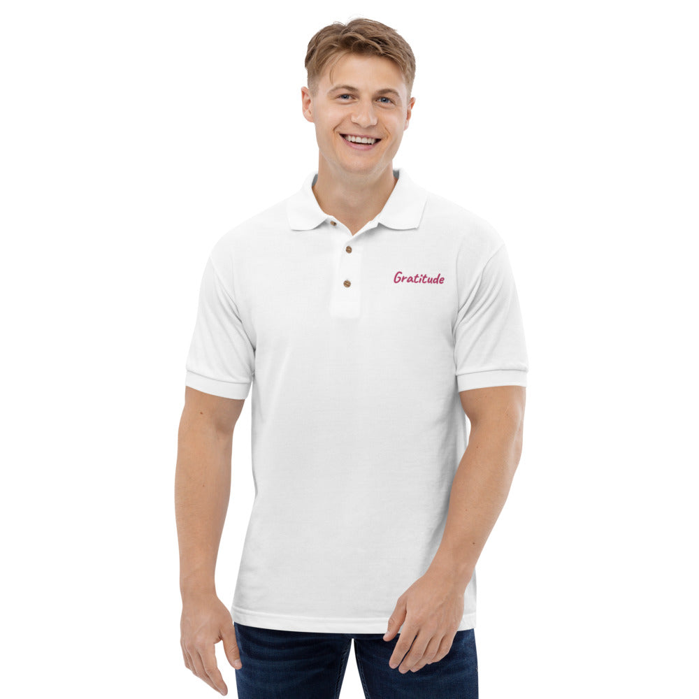 Gratitude In Star Rose Quartz Embroidery on Men's Polo Shirt