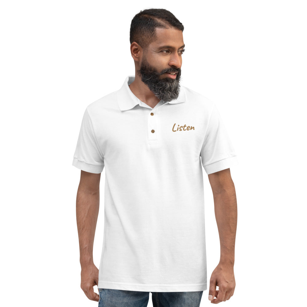 Listen In Copper Embroidery on Men's Polo Shirt