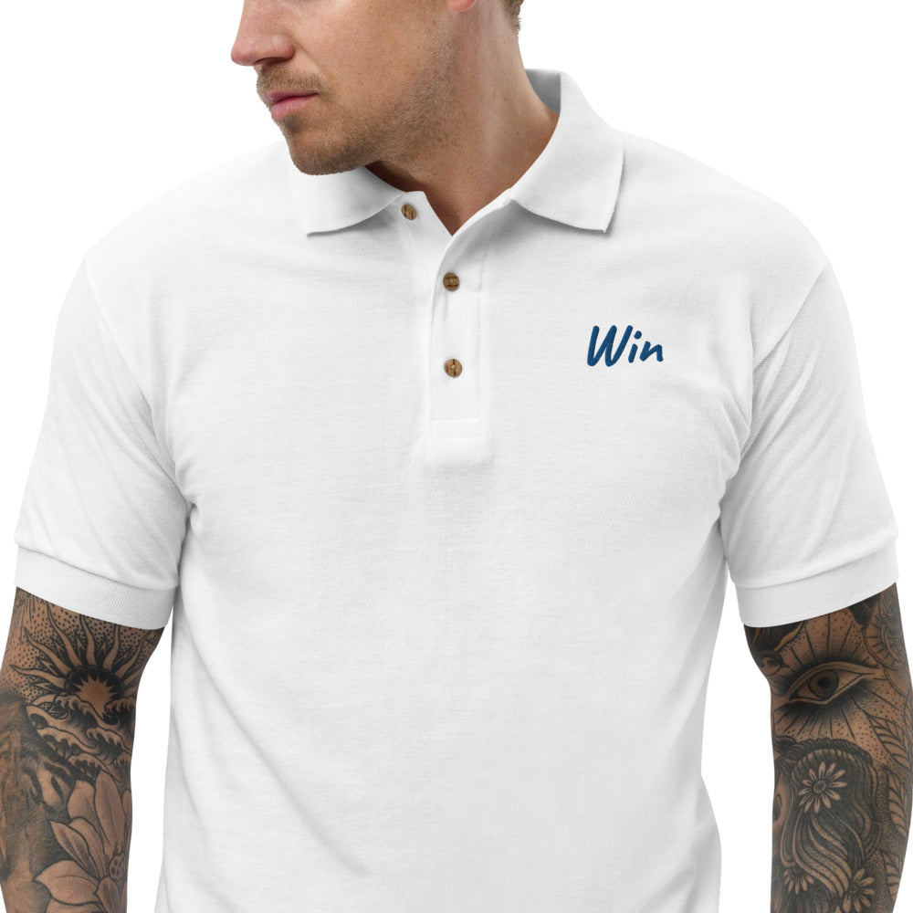 Win In Sapphire Embroidery on Men's Polo Shirt