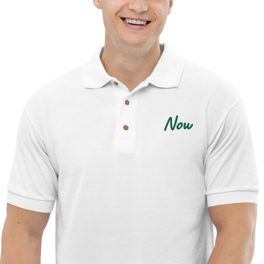 Now In Emerald Embroidery on Men's Polo Shirt